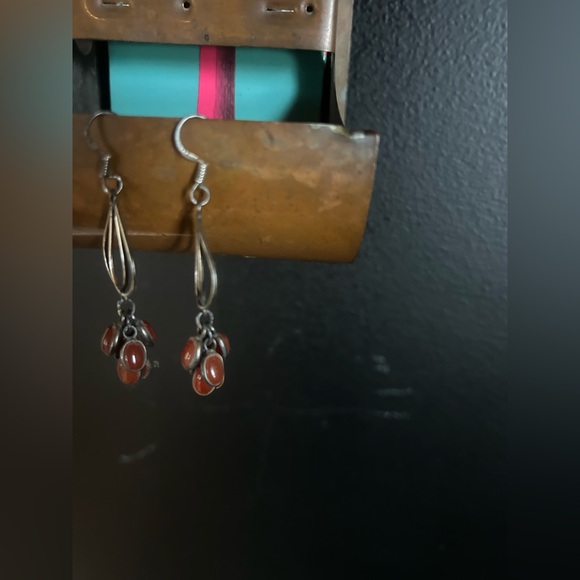 Sterling Silver Carnelian Cabochan Beaded Dangle Earrings - Picture 2 of 4